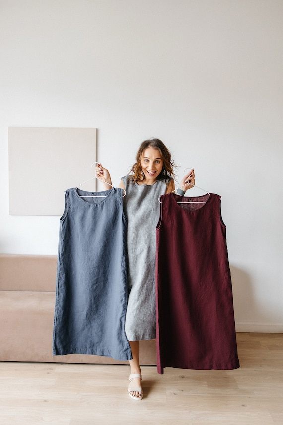 knee length dresses for ladies AUBRIELLA DUSTY BLUE LINEN DRESS – DISSH main image 1