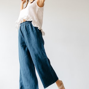 High Waist Linen Culottes: Raw Edge Relaxed Fit Pants