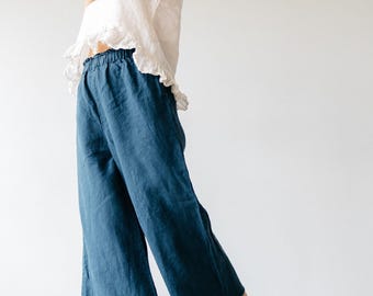 High Waist Linen Culottes: Raw Edge Relaxed Fit Pants