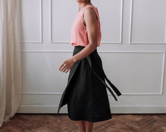 Linen A-skirt with ties, mid calf skirt made of 100% linen, black skirts for women