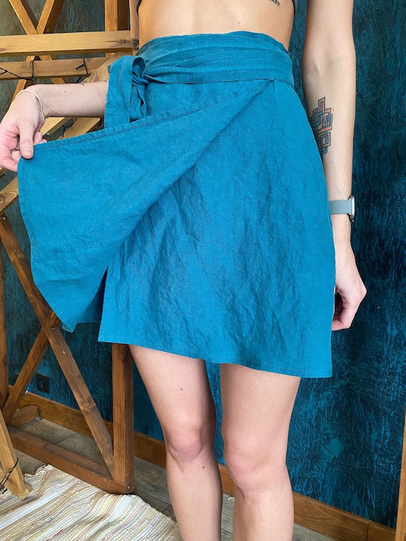 Linen Wrap Short Skirt Linen Belted Skirt Mini Skirt Wrap 