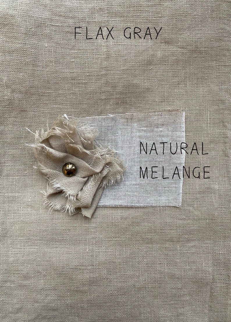 May include: Two fabric swatches, one labeled "FLAX GRAY" and the other "NATURAL MELANGE". The swatches are a light beige color and have a textured linen weave.