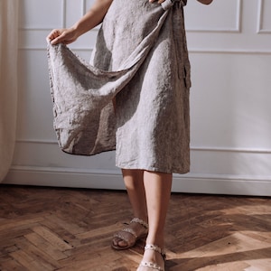 Tie-belt linen skirt with slit, below the knee skirt image 2