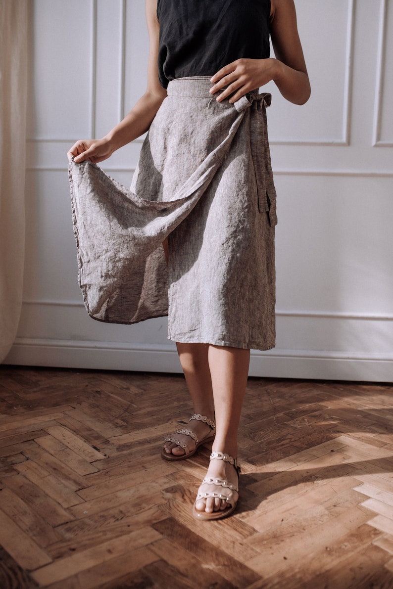 Tie-belt linen skirt with slit, below the knee skirt image 2