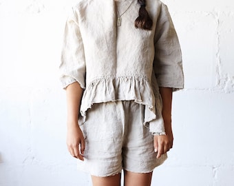 Linen Pajama Set: Ruffle Top & Shorts, Stonewashed Clothing