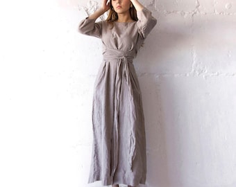 Belted Linen Midi Dress: Long Sleeve Loungewear with Pockets