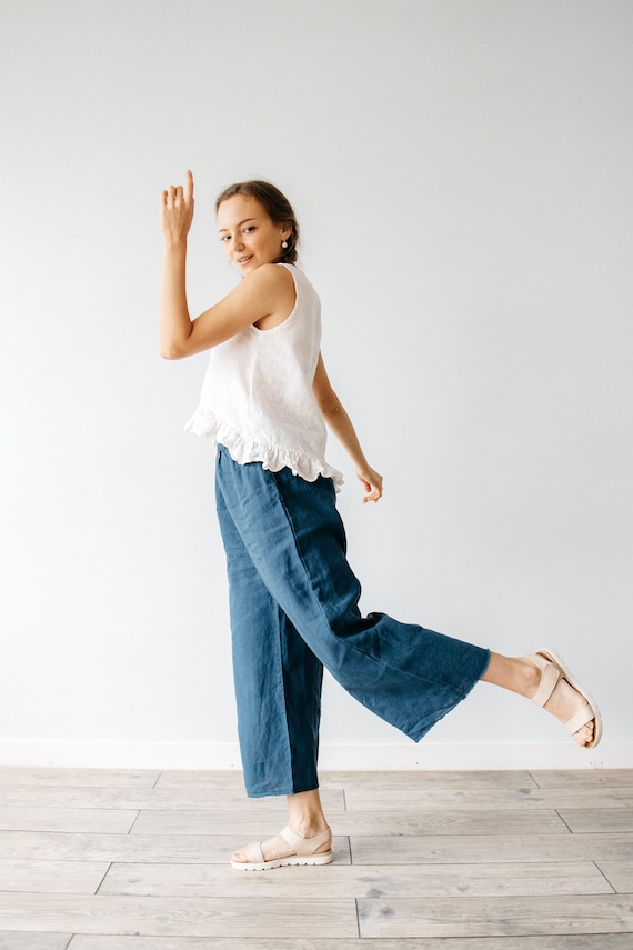 LINEN CULOTTES in Blue With Raw Edge and High Waist, Linen Pants Women, Linen  Pants Relaxed Fit, Soft Linen Loose Culottes, Gift for Women 
