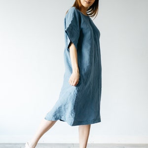 CASUAL LINEN DRESS in blue with V neck on back, organic summer dress with sleeves, comfortable linen summer clothes, womens linen dress image 5
