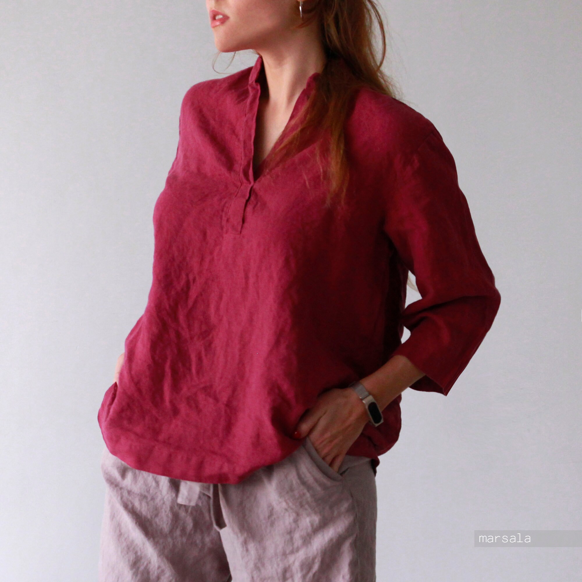 SHIRT WOMEN, Linen Shirt With a V-neck Collar, Linen Office