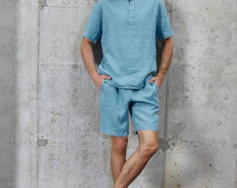 Men’s Shorts Set – 100% Stonewashed Linen Two Piece Outfit, Short Sleeve Shirts and Shorts