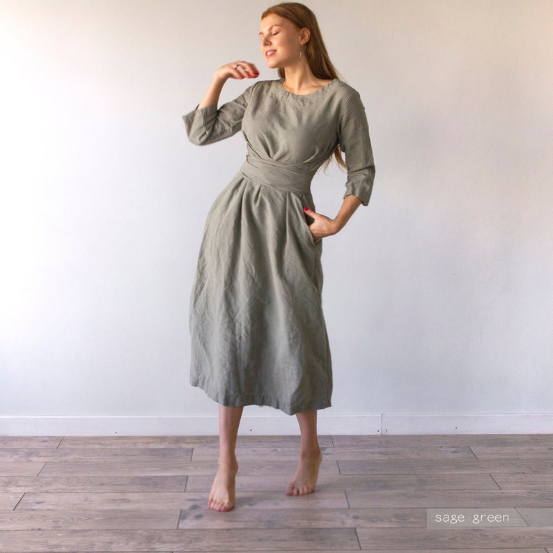 LINEN DRESS long midcalf belt dress / Linen long dress / Long Linen dress for woman / waist belt dress/ A dress / loungewear Len.Ok image 9