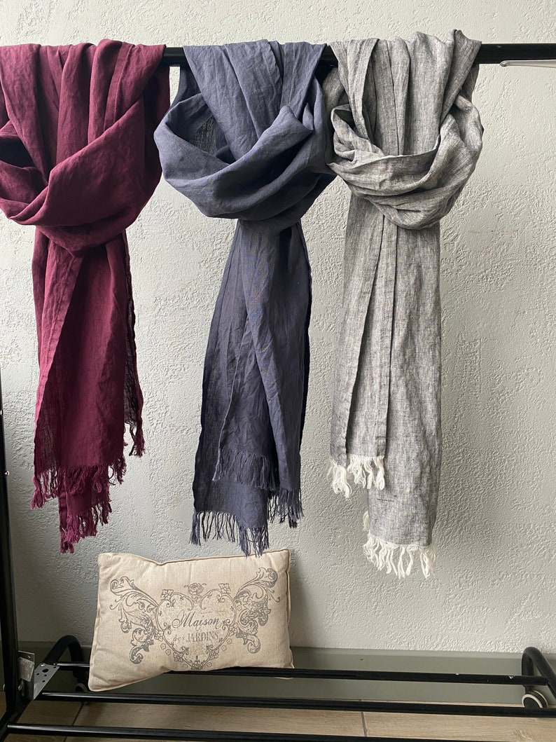 Linen Scarf Women, mens scarf, linen wrap, linen gift, softened linen scarf with fringe and finished hem in 31 colors. image 3