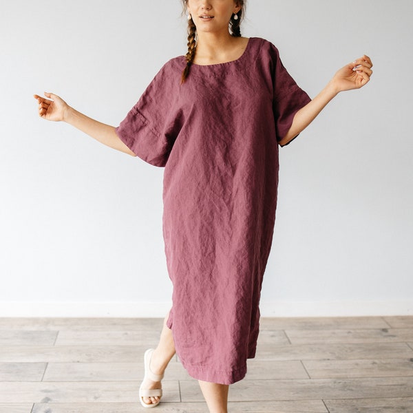 Deep V neck on back linen dress with belt, long belt, ledies tunic dress midi with half sleeve, Below Knee Dresse purple, linen tee dress