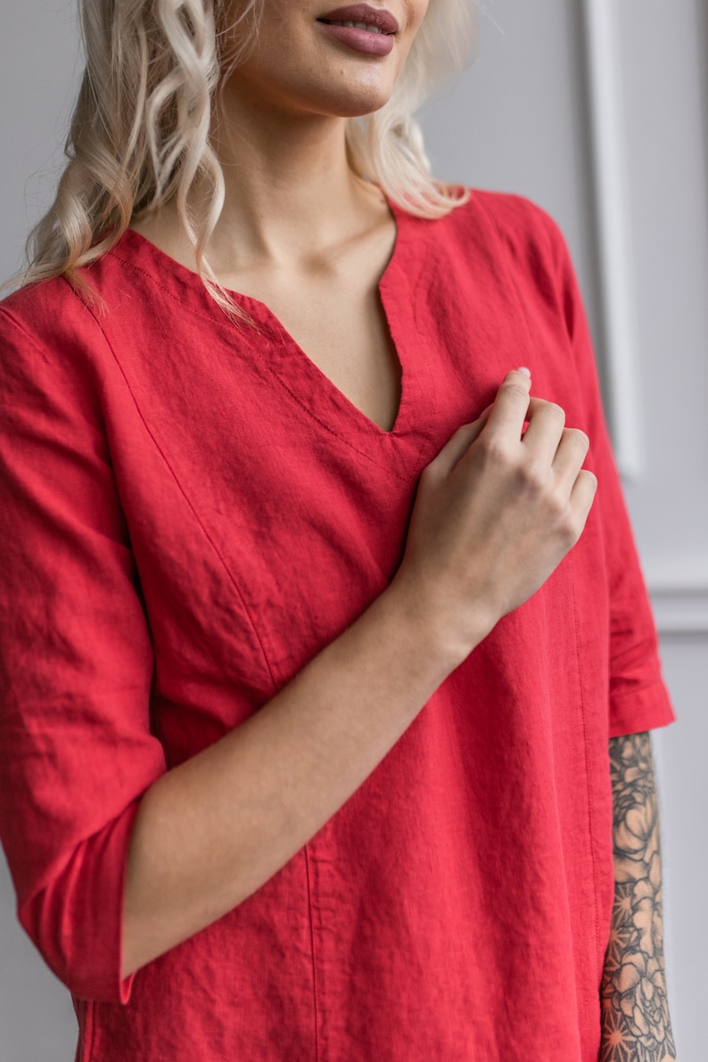 Linen Dress with Pockets: Gray Split Neck 3/4 Sleeve Shift Dress image 2