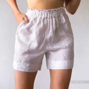 LINEN SHORTS WOMEN, stripe linen shorts, womens linen shorts, rufffle band linen shorts, 100% linen shorts, white shorts, gray linen shorts