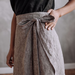 Tie-belt linen skirt with slit, below the knee skirt image 3