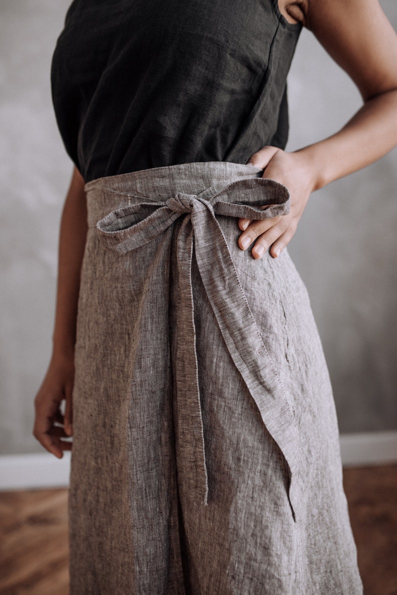 Tie-belt linen skirt with slit, below the knee skirt image 3