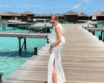100% Linen Wide Leg Pants with Side Slits | Elegant Lightweight Summer & Resort Wear