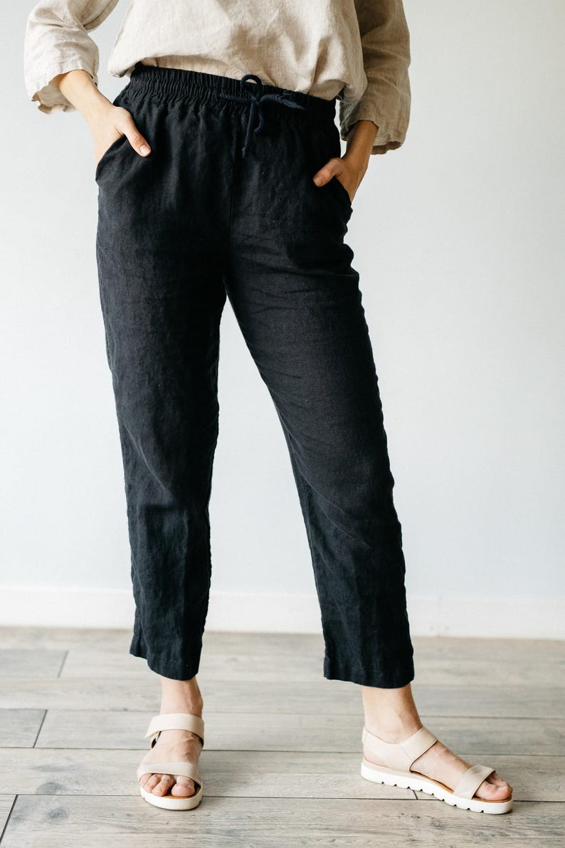 Handgjorda linnebyxor: Byxor med resår i midjan, plus size bild 4