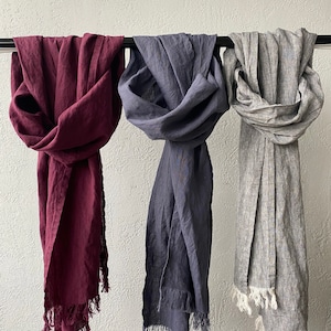 Linen Scarves in 31 colors, linen gift for her, natural lightweight linen unisex scarf, melange scarf, gray scarf, black scarf, brown scarf image 9