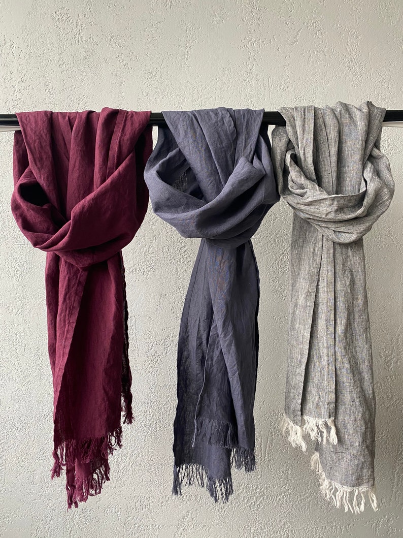 Linen Scarves in 31 colors, linen gift for her, natural lightweight linen unisex scarf, melange scarf, gray scarf, black scarf, brown scarf image 9