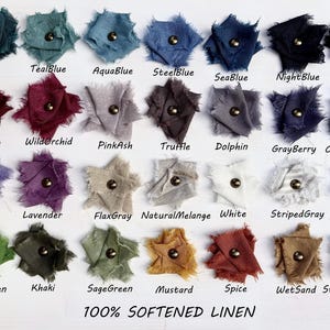 a collection of various colored and textured fabrics, including teal, aqua, blue, steel blue, sea blue, night blue, black, red plum, wild orchid, pink ash, truffle, dolphin, grayberry, charcoal/gray, lavender, flax/gray, natural/melange, white, striped gray, stripped/black, grass/green, khaki, sage/green, mustard, spice, and wet/sand striped/brown.