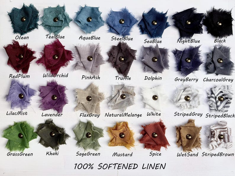 a collection of various colored and textured fabrics, including teal, aqua, blue, steel blue, sea blue, night blue, black, red plum, wild orchid, pink ash, truffle, dolphin, grayberry, charcoal/gray, lavender, flax/gray, natural/melange, white, striped gray, stripped/black, grass/green, khaki, sage/green, mustard, spice, and wet/sand striped/brown.