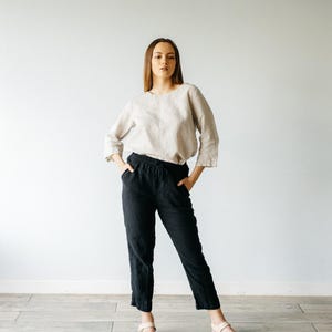 Handgjorda linnebyxor: Byxor med resår i midjan, plus size bild 1