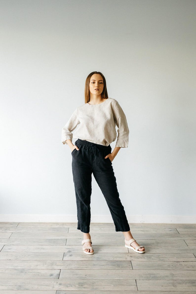 Handgjorda linnebyxor: Byxor med resår i midjan, plus size bild 1