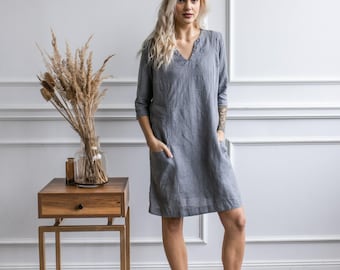 Linen Dress with Pockets: Gray Split Neck 3/4 Sleeve Shift Dress