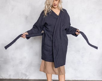 Linen Robe Coat: Winter Home Robe with Belt & Pockets