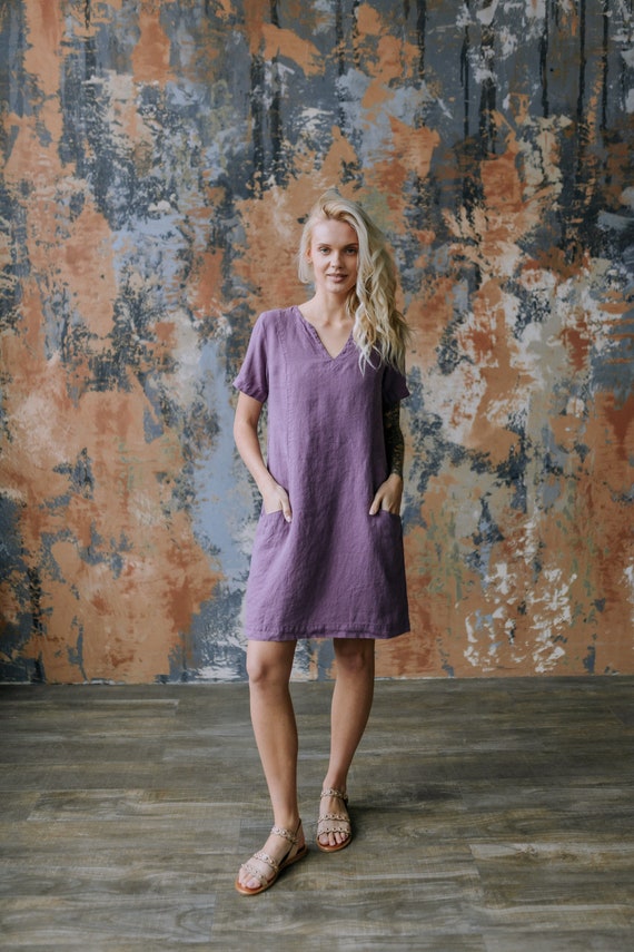 Linen Lavender Midi Dress: Split Neckline, Pockets