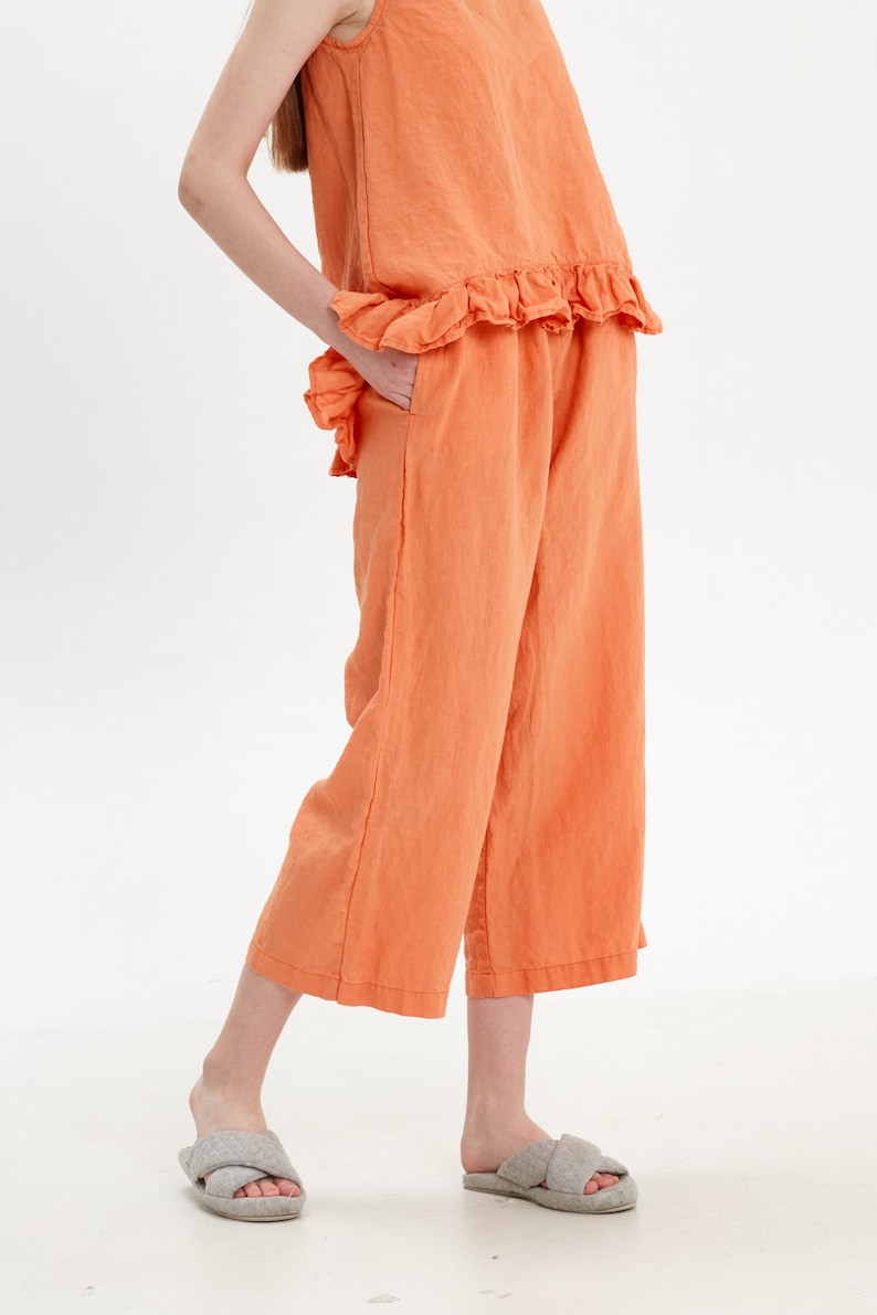 Linen Pajama Set: Sleeveless Ruffle Top & Capri Pants image 10