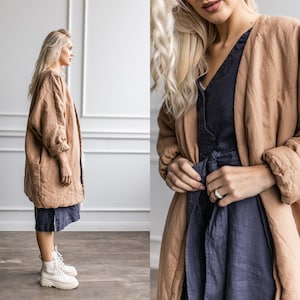 Linen warm sweatshirt two layers of linen - linen sweatshirt - linen blanket hoodie with belt - linen loose coat - linen oversize sweatshirt