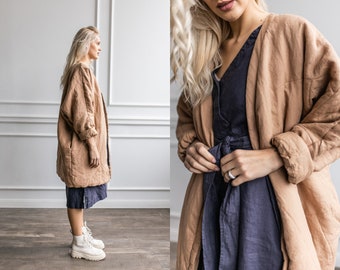 Linen warm sweatshirt two layers of linen - linen sweatshirt - linen blanket hoodie with belt - linen loose coat - linen oversize sweatshirt