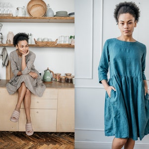 Linen dress with pockets Linen loose fit dress Linen midi dress image 1