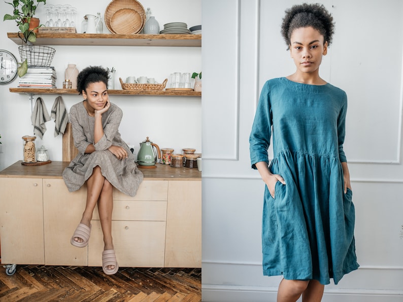 Linen dress with pockets Linen loose fit dress Linen midi dress image 1