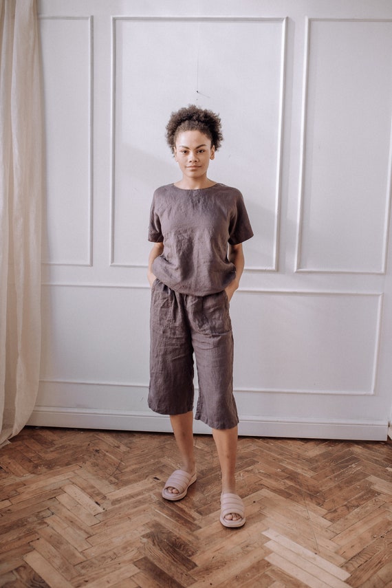 Linen Set Womens Clothing, Cropped Pants, Linen T-shirt With Short Sleeves,  Below-the Knee Pants 