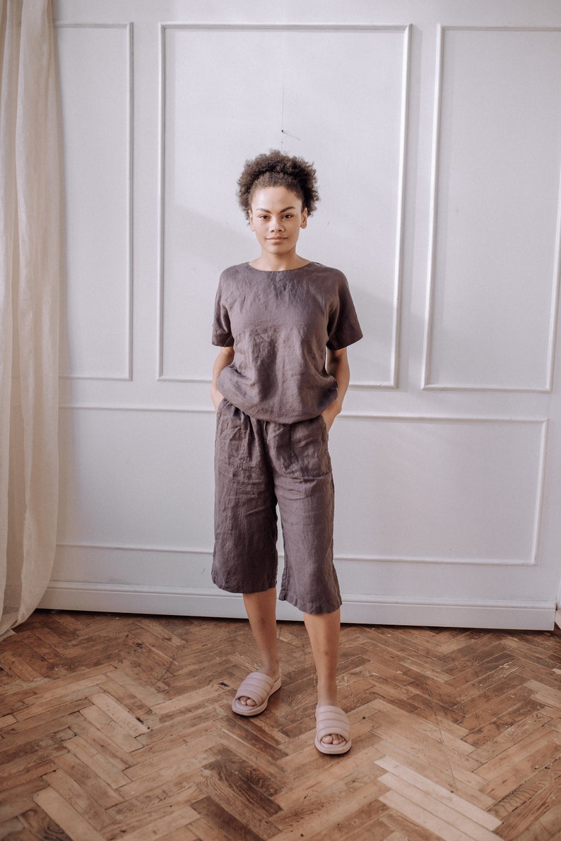 Linen Set womens clothing, cropped pants, linen T-shirt with short sleeves, below-the knee pants image 1