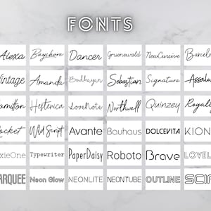 May include: An image showcasing a variety of font styles. The word "FONTS" is at the top. Below, there are 30 different font examples, each displayed in a separate white rectangle, including script, serif, and sans-serif fonts.