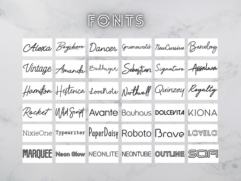 May include: An image showcasing a variety of font styles. The word "FONTS" is at the top. Below, there are 30 different font examples, each displayed in a separate white rectangle, including script, serif, and sans-serif fonts.