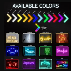 May include: A selection of neon signs in various colours and designs, including "All You Need Is Love", "It's a Vibe", "My Happy Place", "Freedom", "Paradise", "Faith", "Supreme", "Good Vibes Only", and "Custom Neon Sign".