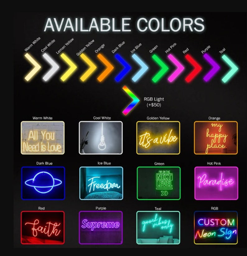 May include: A selection of neon signs in various colours and designs, including "All You Need Is Love", "It's a Vibe", "My Happy Place", "Freedom", "Paradise", "Faith", "Supreme", "Good Vibes Only", and "Custom Neon Sign".