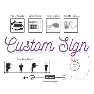 Puede incluir: Letrero personalizado con letras de ne&oacute;n morado, que muestra diferentes tipos de enchufes, un adaptador de corriente, una cadena para colgar, tornillos y un mando a distancia con un regulador de intensidad.