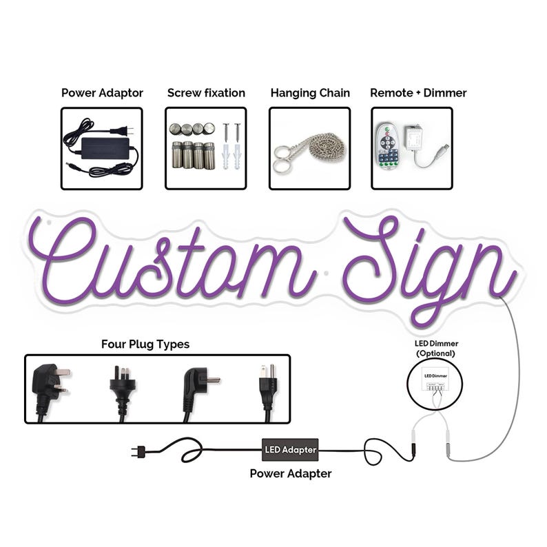 Puede incluir: Letrero personalizado con letras de ne&oacute;n morado, que muestra diferentes tipos de enchufes, un adaptador de corriente, una cadena para colgar, tornillos y un mando a distancia con un regulador de intensidad.