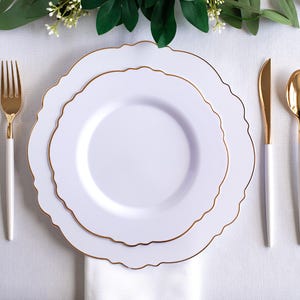 White Plastic Dinner Plate With Gold Scalloped Rim, Disposable Wedding Plate, Rehearsal Dinner Plate, Bridal Shower Dessert Plate