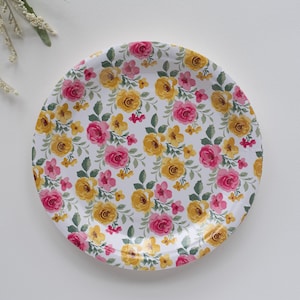 Pink and Yellow Rose Paper Plates, Floral Disposable Plates for Tea Party, Garden Bridal Shower, Birthday or Spring Party Tableware