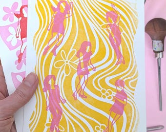 Groovy Dance | Linocut Print |  5&quot;x7&quot;