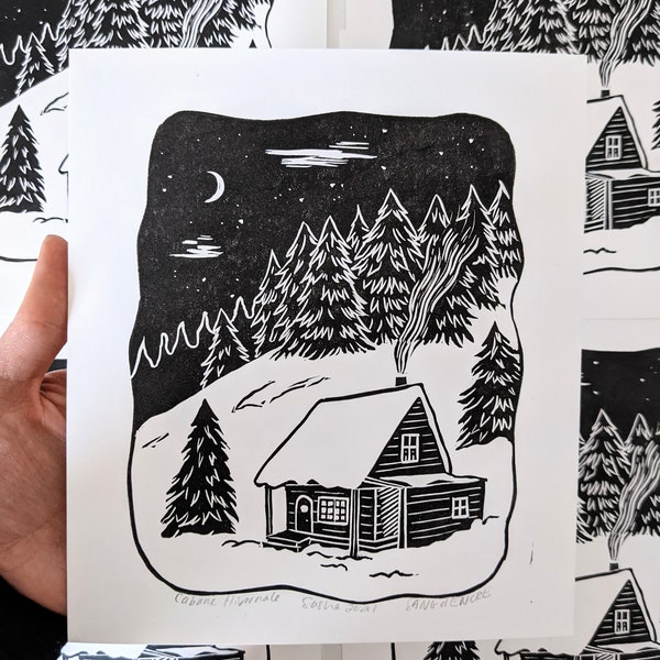 Cabane Hivernale / Stampa linoleografia / 6"x8"