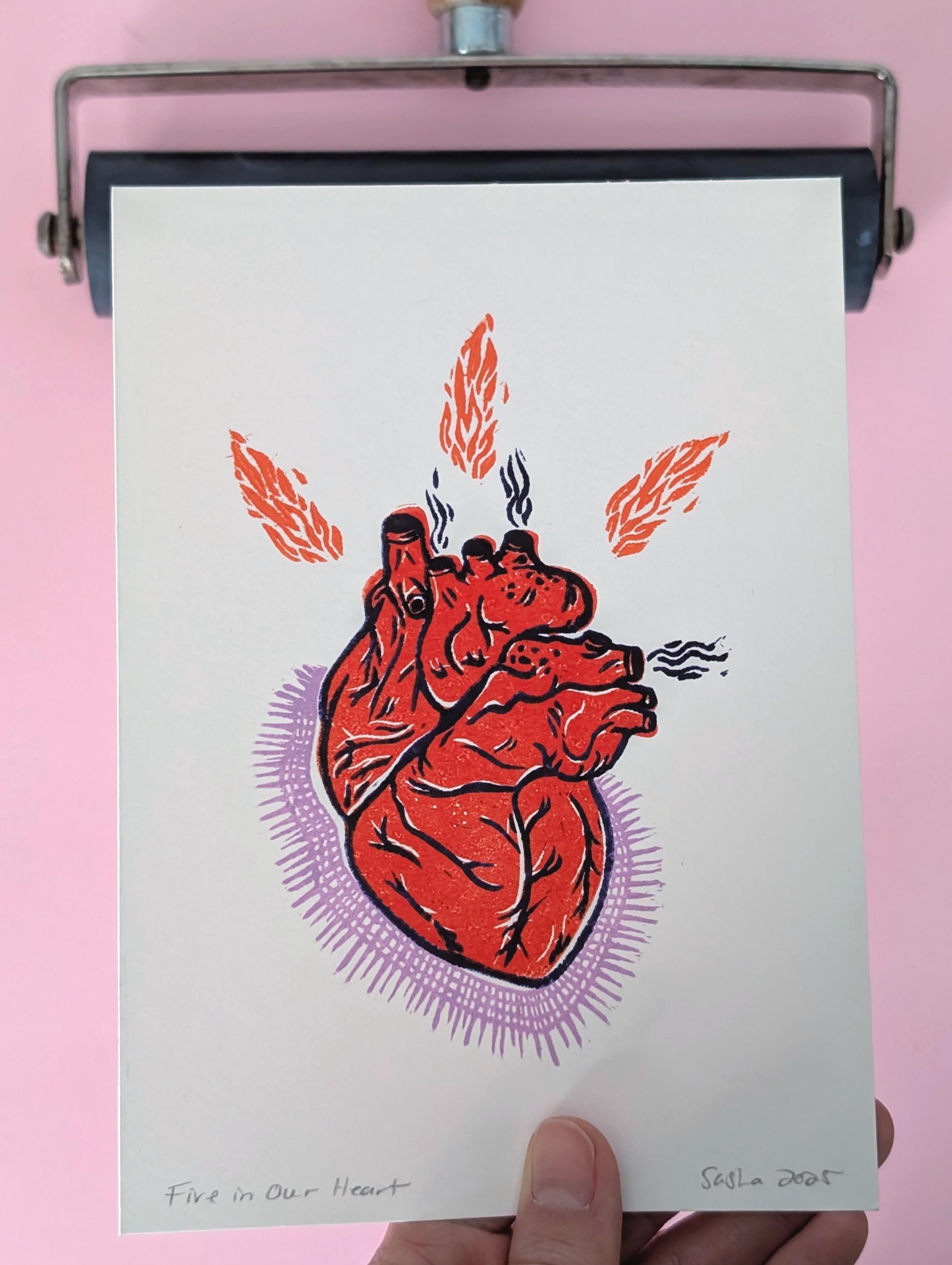 Fire in our Heart | Linocut Print | 5"x7"